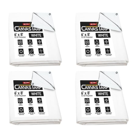 Mytee Products 4 Pack 6'x8ft White Heavy Duty Canvas Tarp 12oz - Water Resistant & Breathable, 4PK CT6-8-Wx4
