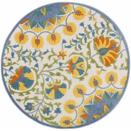 Homeroots 4' Ivory Blue Yellow And Orange Round Floral Indoor Outdoor Area Rug 546811