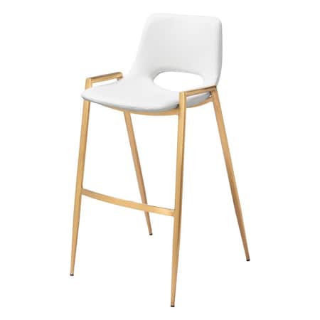 Homeroots Set of Two 30" White And Gold Faux Leather And Steel Low Back Bar Height Bar Chairs 555664