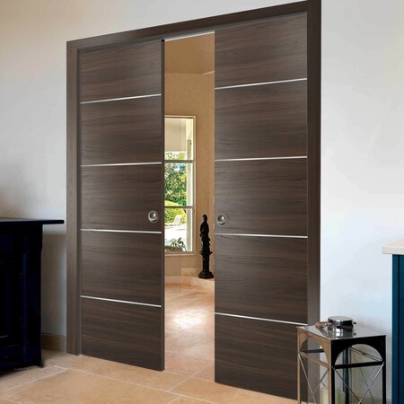 Sartodoors Modern Double Pocket Doors, Planum 0020 Chocolate Ash, Kit Trims Rail Hardware, Solid Wood Interior PLANUM0020DP-CA-36