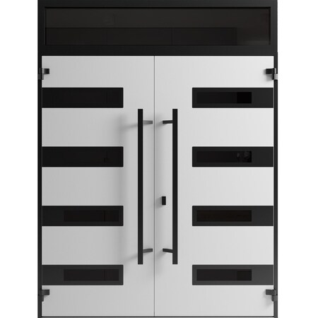 Vdomdoors Front Exterior Prehung Aluminum Double Doors Ronex0131 Grey Top Transom Mirrored Clear Glass Top RONEX0131DEXD-GRE-W72xH80+16-LH-I