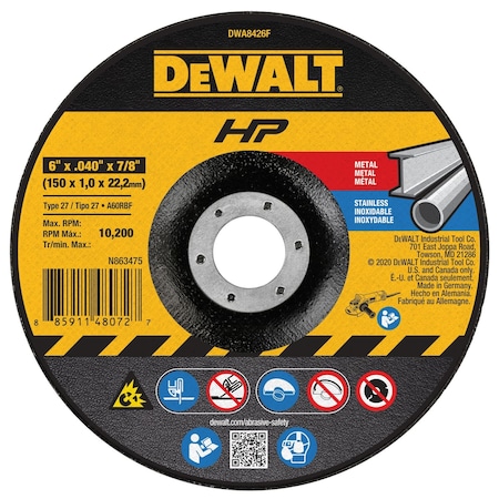 Dewalt Depressed Center Cut-Off Wheel, Type 27, 6 in Dia, 0.04 in Thick, 7/8 in Arbor Hole Size, 60 Grit DWA8426F