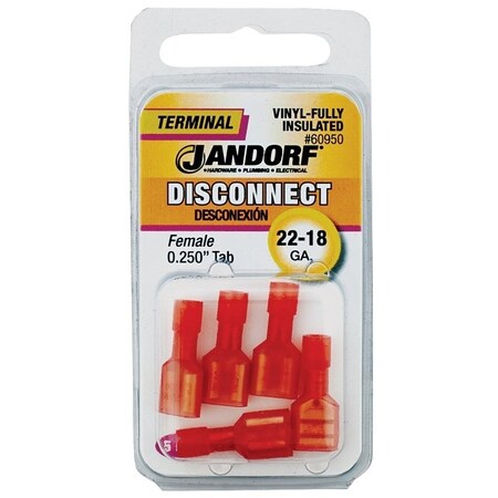 Jandorf Disconnect Terminal, 22 to 18 AWG Wire, Vinyl Insulation, Copper Contact, Red, 5PK 60950