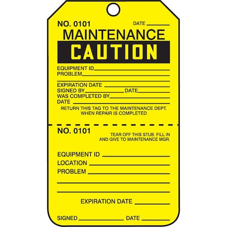 Accuform Safety Tags, CAUTION MAINTENANCE, Perforated, 5.75in x 3.25in, RP-Plastic, 25PK TPP206PTP