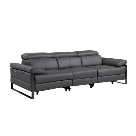 Homeroots 103" Dark Gray Top Grain Leather Reclining Metal USB Sofa 720324