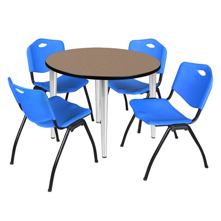 Regency Round Kahlo Breakroom Table W/ 4 M Stack Chairs, 36 in W, 36 in L, Noble Oak TPL36RNDNOCM47BE
