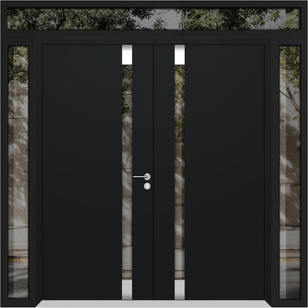 Vdomdoors Aluminum Double Doors Cynex 6777 Black 2 Sidelights and Top Transom Mirrored Clear Glass Modern Pai CYNEX6777DEXD-BLK-W14+72+14xH80+12-RH-O