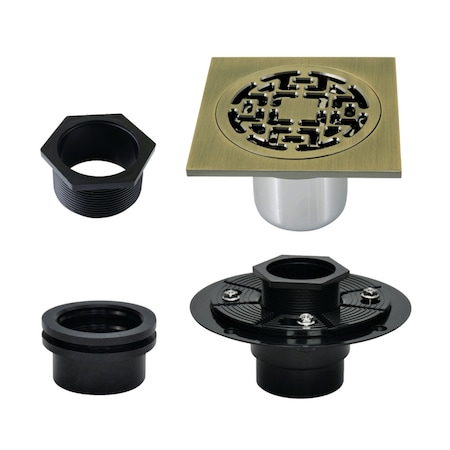 Kingston Brass 4" Brass Square Grid Shower Drain with Hair Strainer and Base Flange, Antique Brass BSFK4272AB