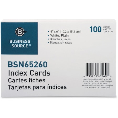 Business Source Index Cards, White, 6" x 4", PK100 BSN65260