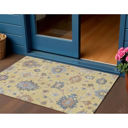 Homeroots 3' X 5' Gold Brown And Blue Floral Washable Indoor Outdoor Area Rug 606152