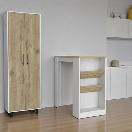 Homeroots Set of Two Oak and White Wood Kitchen Island And Pantry Cabinet 526343