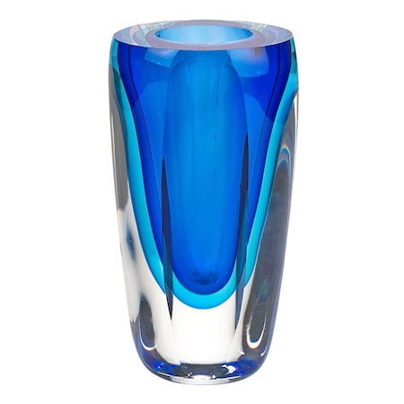 Homeroots 6" Blue And Clear Cylinder Crystal Glass Table Vase 375783