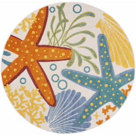 Homeroots 5' Blue Yellow And Orange Round Starfish Indoor Outdoor Area Rug 546827