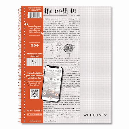 Roaring Spring Whitelines Notebook. Quadrille Rule, 5 sq/in, Gray/Orange Cover, 70 11 x 8.5 Sheets 17001