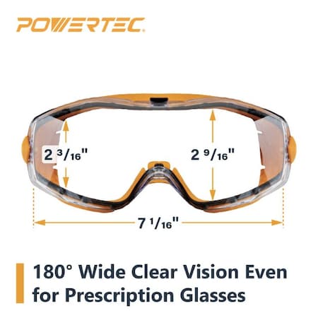 Powertec Safety Goggles, Scratch Proof UV Protection, Clear Anti-fog, Chemical Splash Protective Eyewear 71563N