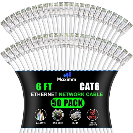 Maximm Cat6 Ethernet Cable 6ft 10Gbps 550MHz UTP, 50PK, White, 50PK WH50PK08