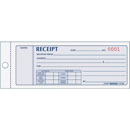 Rediform Money Receipt Book, 3-Part, Carbonless, 2-3/4" x 7", 50 Sets/Book 8L802
