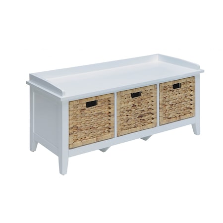 Homeroots 43in White Distressed Solid Wood Storage Bench with Baskets 286647
