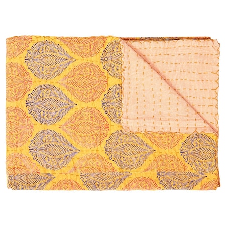 Homeroots 50" X 70" Orange Blue and Yellow Cotton Kantha Patchwork with Embroidery 357578