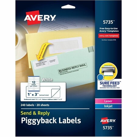 Avery Dennison SEND & REPLY PIGGYBACK INKJET/LASER PRINTER LABELS, 1-5/8 X 4, WHITE, 240PK 5735