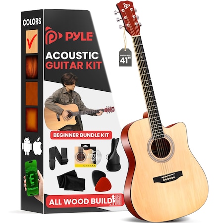Pyle Steel String Acoustic Guitar Kit, 4/4 Full Size Cutaway All-Wood Guitarra Acustica with Premium PGSTGR007N2