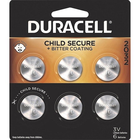 Duracell Lithium Coin Batteries With Bitterant, 2032, PK6 DL2032B6PK