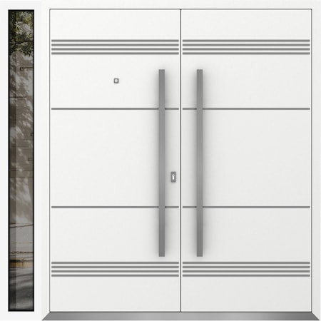 Vdomdoors Metal Double Doors Deux 1705 White Enamel 1 Sidelight Entry Modern Painted 86x80 (W72+14xH80) Left DEUX1705DEXD-BEM-W72+14xH80-LH-O