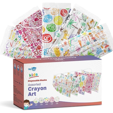 Wecare Kids Disposable Face Mask, 3, Crayon Print, Kids, 50 PK WMN100116
