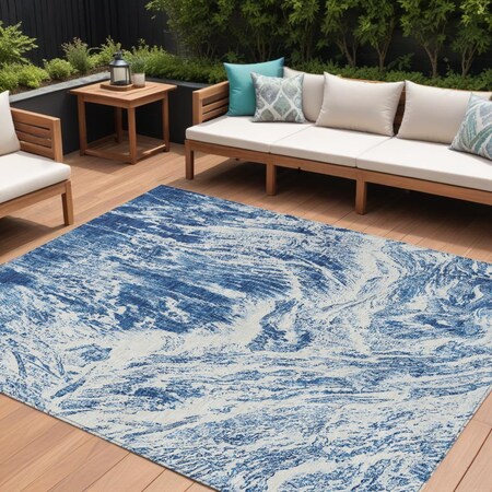 Homeroots 9' X 12' Navy Blue And Ivory Abstract Washable Indoor Outdoor Area Rug 614297