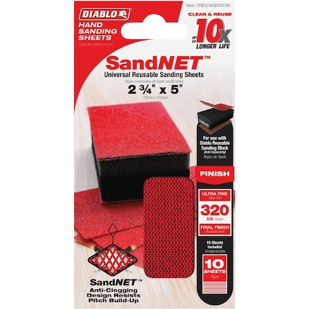 Diablo SandNET 2-3/4'' x 5'' 320-Grit Reusable Hand Sander Refill Sheets, 10PK DND234320S10N