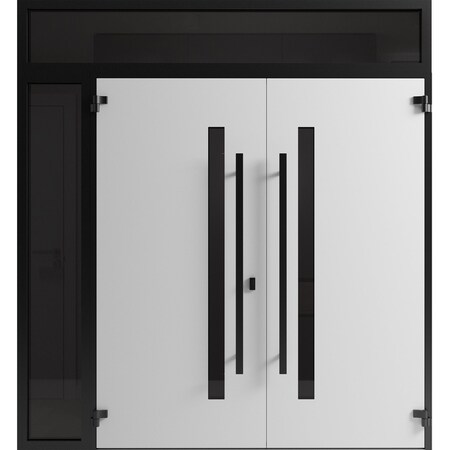 Vdomdoors Front Exterior Prehung Aluminum Double Doors Ronex0144 Grey Top Transom Mirrored Clear Glass Entry RONEX0144DEXD-GRE-W72+16xH96+12-LH-O