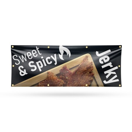 Signmission Sweet and Spicy Jerky, 36 Inch x 96 Inch, Vinyl Banner B-96-30875