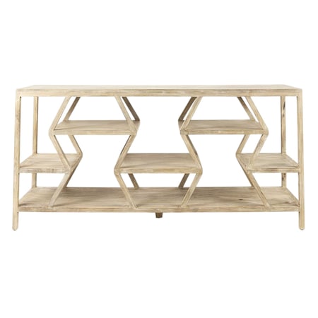 Homeroots 66" Light Brown Solid Wood Console Table Geometric Shelves 380235