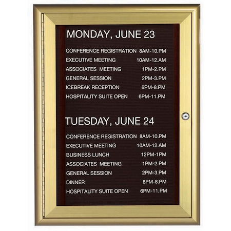 Aarco Enclosed Directory w/ Aluminum Waterfall Style Frame, Gold, Black Felt, 36''Hx24''W, 1 Door Unit WFD3624G