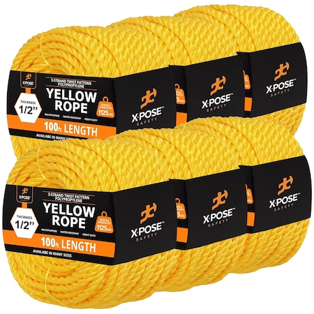 Xpose Safety 1/2in x 100 ft Twisted Polypropylene Rope, Yellow, 6PK YPR12-100-6-X
