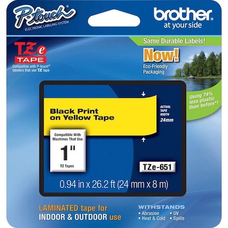 Brother Label Tape Cartridge, 1", Black/Yellow TZE651