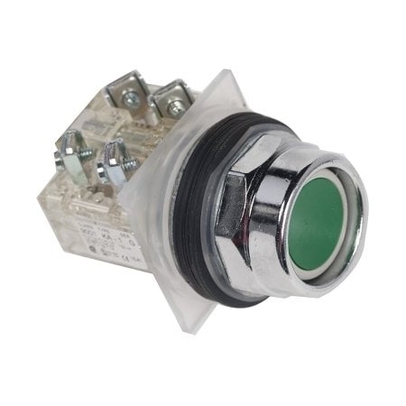 Square D Push-button, Harmony 9001K, metal, recessed, green, 30mm, spring return, screw terminals for lug, 1 C/O 9001KR2GH13Y238