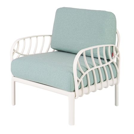 Homeroots 31" White Heavy Duty Plastic Outdoor Armchair With Sea Green Cushion 565279
