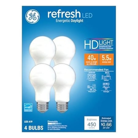 Ge LED Bulb, A19 Lamp, 40 W Equivalent, E26 Medium Lamp Base, Dimmable, Frost, Daylight, PK4 93129429