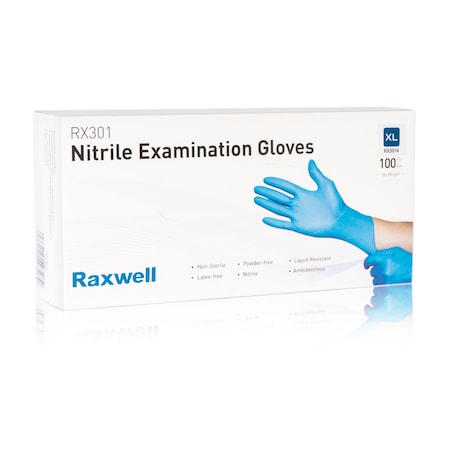 Raxwell Blue Nitrile Examination Gloves, 4 mil, XX-Large, 90PK RX3015
