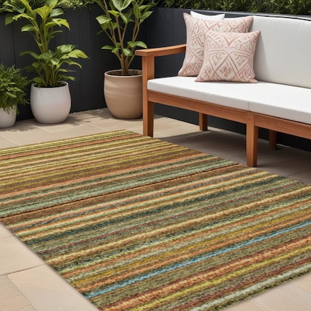 Homeroots 8' X 10' Coral Gold And Green Striped Washable Indoor Outdoor Area Rug 577772