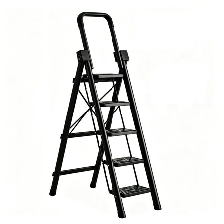 Wrightmaster 5 ft. Steel Step Ladder (10 ft. Reach) with Foldable Handle &  Non-Marring Feet, 330 lb. Load Capacity ZRO555-ZDT-black