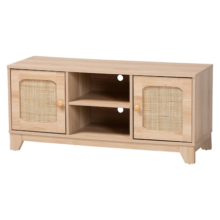 Baxton Studio Elsbeth Mid-Century Modern Light Brown Finished Wood and Natural Rattan 2-Door TV Stand 226-12952-ZORO