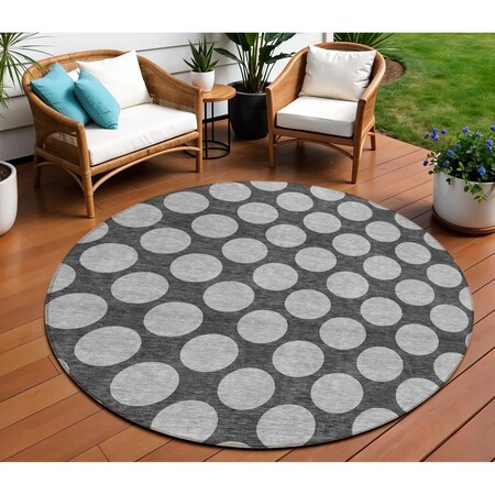 Homeroots 8' Charcoal And Ivory Round Polka Dot Washable Indoor Outdoor Area Rug 614889