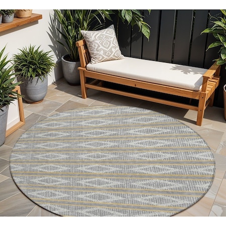 Homeroots 8' Gray Ivory And Brown Round Geometric Washable Indoor Outdoor Area Rug 599630