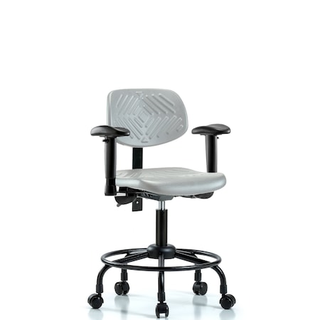 Blue Ridge Ergonomics Poly Chair with Round Tube Base-Desk Ht with Medium Back, Adjustable Arms, & Casters in Gray Poly PDHCH-MB-RT-T0-A1-RC-GRY