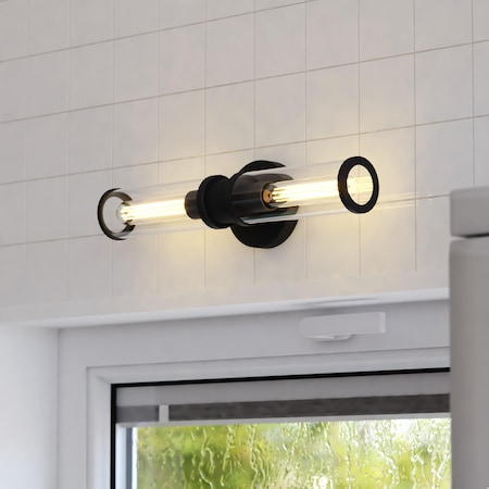 Vaxcel Levitt 2 Light Black Industrial Bathroom Vanity Wall Fixture with Clear Tube Glass W0439