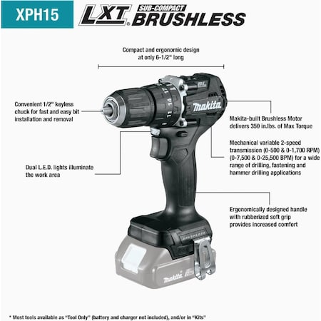 Makita 18V LXT Lithium-Ion 1/2'' Brushless Sub-Compact Cordless Hammer Drill, Tool Only XPH15ZB