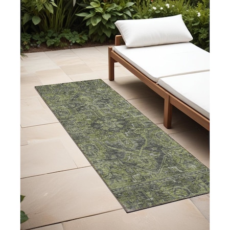 Homeroots 8' Runner Moss Green and Gray Oriental Washable Non Skid Indoor Outdoor Runner Rug 563809