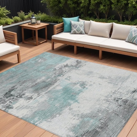 Homeroots 8' X 10' Teal Blue And Gray Abstract Washable Indoor Outdoor Area Rug 617743
